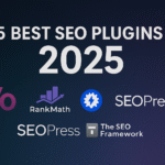 Collage of logos for Yoast SEO, Rank Math, All in One SEO, SEOPress, and The SEO Framework on a dark background with ‘5 Best SEO Plugins 2025’ text overlay.