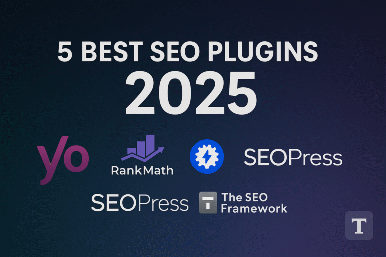Collage of logos for Yoast SEO, Rank Math, All in One SEO, SEOPress, and The SEO Framework on a dark background with ‘5 Best SEO Plugins 2025’ text overlay.